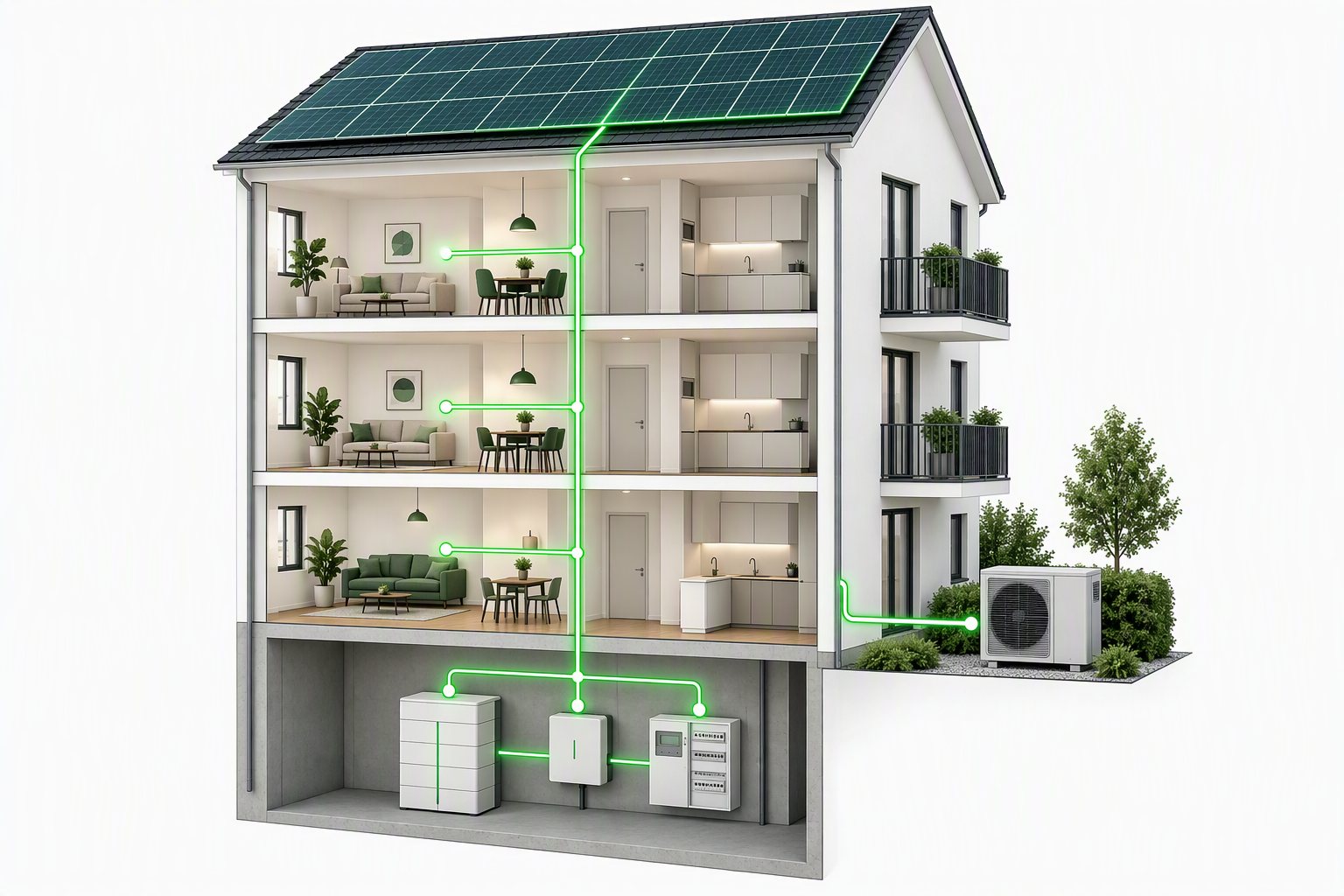 Schnitt durch ein Mehrfamilienhaus mit Photovoltaik auf dem Dach, Speicher im Keller und Wärmepumpe im Garten